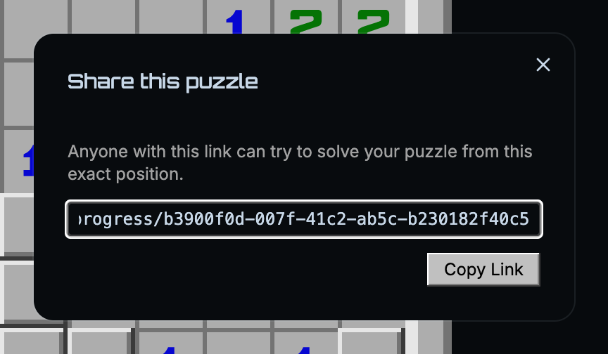 Share progress dialog with a URL input and a Copy Link button
